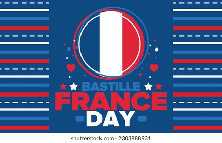 Día de la Bastilla en Francia. Fiesta nacional feliz, celebrada anualmente el 14 de julio. Bandera francesa. Independencia y libertad de Francia. Elementos patrióticos. Diseño festivo y de desfile. Ilustración de póster vectorial