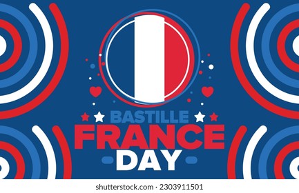 Día de la Bastilla en Francia. Fiesta nacional feliz, celebrada anualmente el 14 de julio. Bandera francesa. Independencia y libertad de Francia. Elementos patrióticos. Diseño festivo y de desfile. Ilustración de póster vectorial