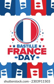 Día de la Bastilla en Francia. Fiesta nacional feliz, celebrada anualmente el 14 de julio. Bandera francesa. Independencia y libertad de Francia. Elementos patrióticos. Diseño festivo y de desfile. Ilustración de póster vectorial