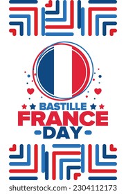 Día de la Bastilla en Francia. Fiesta nacional feliz, celebrada anualmente el 14 de julio. Bandera francesa. Independencia y libertad de Francia. Elementos patrióticos. Diseño festivo y de desfile. Ilustración de póster vectorial