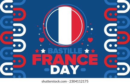 Día de la Bastilla en Francia. Fiesta nacional feliz, celebrada anualmente el 14 de julio. Bandera francesa. Independencia y libertad de Francia. Elementos patrióticos. Diseño festivo y de desfile. Ilustración de póster vectorial