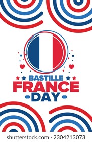 Bastille Day in France. National happy holiday, celebrated annual in July 14. French flag. France independence and freedom. Patriotic elements. Festive and parade design. Vector poster illustration