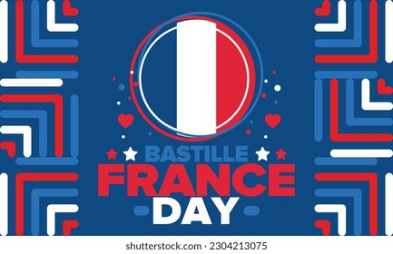 Día de la Bastilla en Francia. Fiesta nacional feliz, celebrada anualmente el 14 de julio. Bandera francesa. Independencia y libertad de Francia. Elementos patrióticos. Diseño festivo y de desfile. Ilustración de póster vectorial