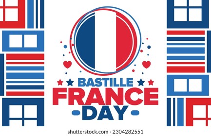 Día de la Bastilla en Francia. Fiesta nacional feliz, celebrada anualmente el 14 de julio. Bandera francesa. Independencia y libertad de Francia. Elementos patrióticos. Diseño festivo y de desfile. Ilustración de póster vectorial