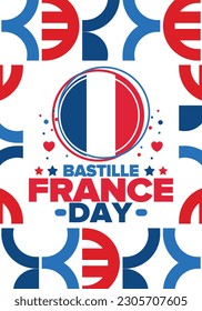 Día de la Bastilla en Francia. Fiesta nacional feliz, celebrada anualmente el 14 de julio. Bandera francesa. Independencia y libertad de Francia. Elementos patrióticos. Diseño festivo y de desfile. Ilustración de póster vectorial