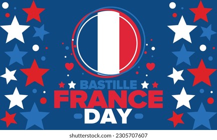 Día de la Bastilla en Francia. Fiesta nacional feliz, celebrada anualmente el 14 de julio. Bandera francesa. Independencia y libertad de Francia. Elementos patrióticos. Diseño festivo y de desfile. Ilustración de póster vectorial