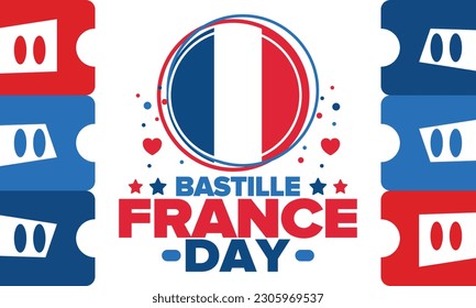 Día de la Bastilla en Francia. Fiesta nacional feliz, celebrada anualmente el 14 de julio. Bandera francesa. Independencia y libertad de Francia. Elementos patrióticos. Diseño festivo y de desfile. Ilustración de póster vectorial