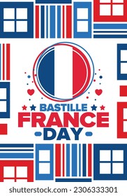 Día de la Bastilla en Francia. Fiesta nacional feliz, celebrada anualmente el 14 de julio. Bandera francesa. Independencia y libertad de Francia. Elementos patrióticos. Diseño festivo y de desfile. Ilustración de póster vectorial