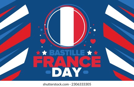 Día de la Bastilla en Francia. Fiesta nacional feliz, celebrada anualmente el 14 de julio. Bandera francesa. Independencia y libertad de Francia. Elementos patrióticos. Diseño festivo y de desfile. Ilustración de póster vectorial