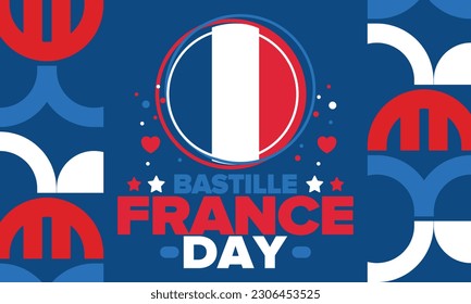 Día de la Bastilla en Francia. Fiesta nacional feliz, celebrada anualmente el 14 de julio. Bandera francesa. Independencia y libertad de Francia. Elementos patrióticos. Diseño festivo y de desfile. Ilustración de póster vectorial