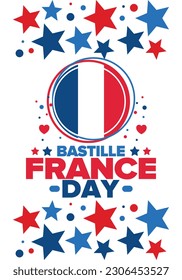 Día de la Bastilla en Francia. Fiesta nacional feliz, celebrada anualmente el 14 de julio. Bandera francesa. Independencia y libertad de Francia. Elementos patrióticos. Diseño festivo y de desfile. Ilustración de póster vectorial