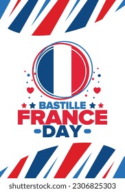 Día de la Bastilla en Francia. Fiesta nacional feliz, celebrada anualmente el 14 de julio. Bandera francesa. Independencia y libertad de Francia. Elementos patrióticos. Diseño festivo y de desfile. Ilustración de póster vectorial