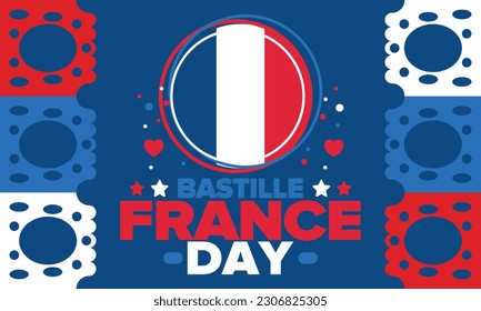 Día de la Bastilla en Francia. Fiesta nacional feliz, celebrada anualmente el 14 de julio. Bandera francesa. Independencia y libertad de Francia. Elementos patrióticos. Diseño festivo y de desfile. Ilustración de póster vectorial