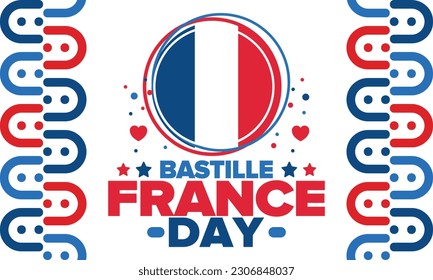 Día de la Bastilla en Francia. Fiesta nacional feliz, celebrada anualmente el 14 de julio. Bandera francesa. Independencia y libertad de Francia. Elementos patrióticos. Diseño festivo y de desfile. Ilustración de póster vectorial