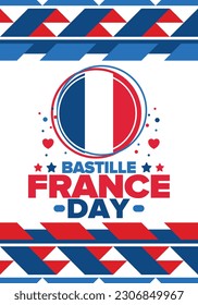 Día de la Bastilla en Francia. Fiesta nacional feliz, celebrada anualmente el 14 de julio. Bandera francesa. Independencia y libertad de Francia. Elementos patrióticos. Diseño festivo y de desfile. Ilustración de póster vectorial