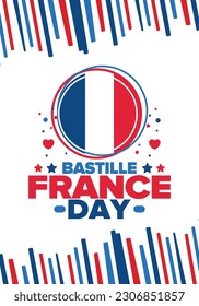 Día de la Bastilla en Francia. Fiesta nacional feliz, celebrada anualmente el 14 de julio. Bandera francesa. Independencia y libertad de Francia. Elementos patrióticos. Diseño festivo y de desfile. Ilustración de póster vectorial