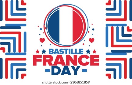 Día de la Bastilla en Francia. Fiesta nacional feliz, celebrada anualmente el 14 de julio. Bandera francesa. Independencia y libertad de Francia. Elementos patrióticos. Diseño festivo y de desfile. Ilustración de póster vectorial