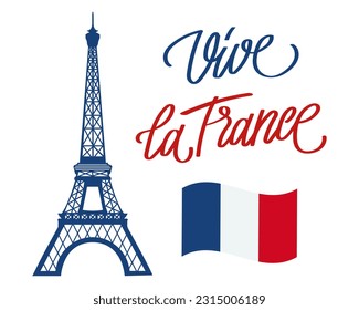 Día de la Bastilla. Afiche de la fiesta nacional en Francia. Torre Eiffel y letras escritas a mano. Ilustración, vector