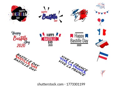 Bastille day french custom flat minimal looking typography set (Viva la juillet - Long live July)