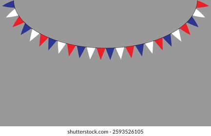 Bastille day, French flag, pennant garland, triangular flag arrangement for outdoor party, pennant, retro style vector illustration