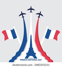 bastille day or french national day, 14th of July, France national day, vector illustration, editable social media post. 