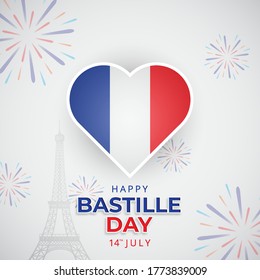 Bastille Day - French National Day, July 14 uses a heart-shaped frame with the color of the French national flag with the Eiffel tower and Happy Bastille Day's handwriting. Vector illustration.
