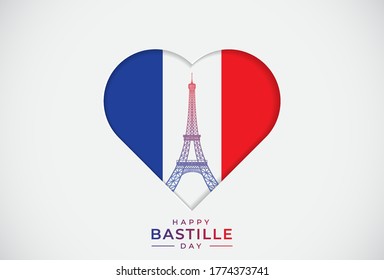 Bastille Day - French National Day, July 14 uses a heart-shaped background with the color of the French national flag with the Eiffel tower. Vector illustration.
