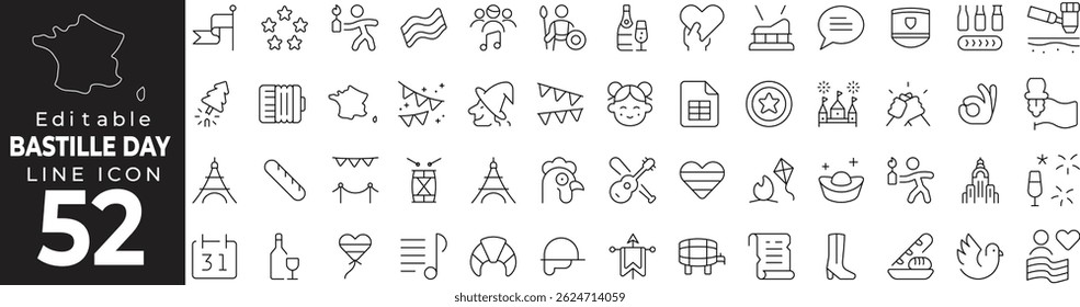 Bastille Day French Thin Line Icon Set – Celebration, France, Parade