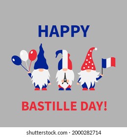 Bastille Day gnomes with flag of France. French patriotic gnomes. Vector template for poster, banner, party invitation, greeting card, flyer, sticker, etc.