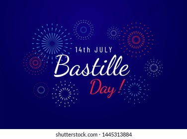 Bastille day greeting banner design with text and fireworks illustration on blue dark background. 14th of July. - Vector