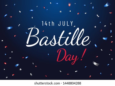 Bastille Day greeting banner design template with confetti on dark background. July 14, National Day of France. - Vector