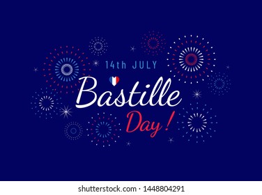 Bastille Day greeting banner design template with fireworks illustration on dark blue background. July 14, National Day of France. - Vector