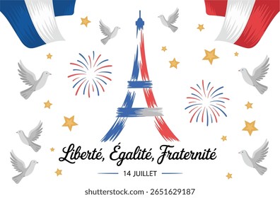 Cartão comemorativo do dia da Bastilha com Torre Eiffel, pombas e fogos de artifício para a celebração patriótica francesa de 14 de julho