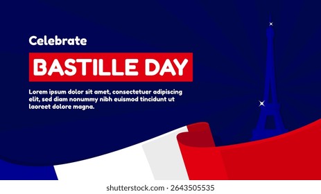 Bastille Day greeting template horizontal background with Eiffel tower and France flag perfect for celebrate Bastille Day on July 14