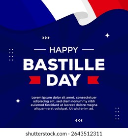Bastille Day greeting with wavy France flag on dark background suitable for social media post, promotion, advertisement, and campaign about Bastille Day celebrate on July 14