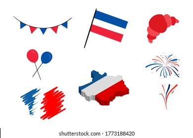 bastille day icon logo set having balloon firework ribbon map french