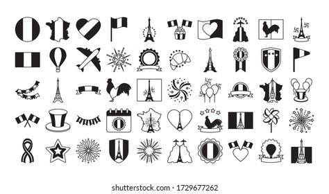 bastille day icon set over white background, line style, vector illustration