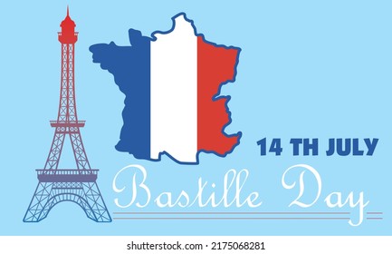 Bastille day illustration concept, Happy Bastille Day. Flag of France background, Bastille Day typography