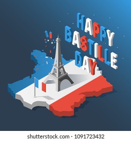 Bastille Day, Independence Day of France, symbols. French flag and map icons set in 3d style.