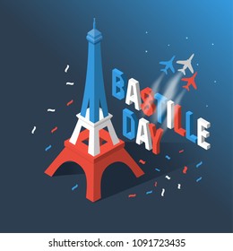 Bastille Day, Independence Day of France, symbols. French flag and map icons set in isometric style.