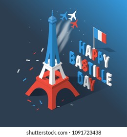 Bastille Day, Independence Day of France, symbols. French flag and map icons set in 3d style.