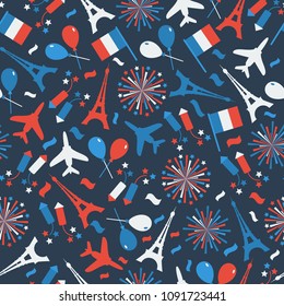 Bastille Day, Independence Day of France, symbols. Seamless pattern with symbol of celebration.