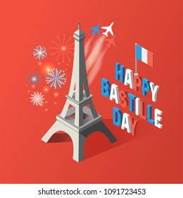 Bastille Day, Independence Day of France, symbols. French flag and map icons set in 3d style.