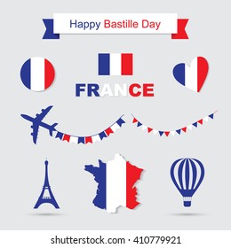 Bastille Day, Independence Day of France, symbols. French flag and map icons set. Eiffel Tower icon