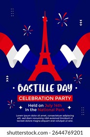 Bastille Day invitation poster template with flat illustration of Eiffel tower on red color and France flag with wavy design. Bastille Day celebration poster design