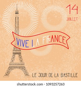 Bastille Day. July 14. Concept of French national holiday. The Eiffel Tower in scale. Grunge background, firework. Translation of texts in French - July 14, Bastille Day, long live France.