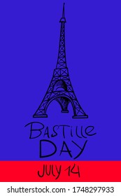 Bastille day July 14. Eiffel Tower in France. Vector illustration in vertical size.