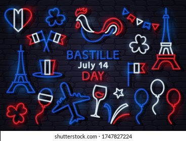 Bastille day July 14. France neon icons. Heart, flags, cock, Eiffel Tower, hat, balloon, airplane, clovers, glass of wine, stars, firework. Vector illustration