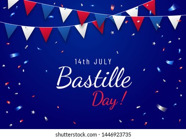 Bastille day, July 14. Greeting banner or card template for French National Day with decorative flags and confetti on blue background. - Vector
