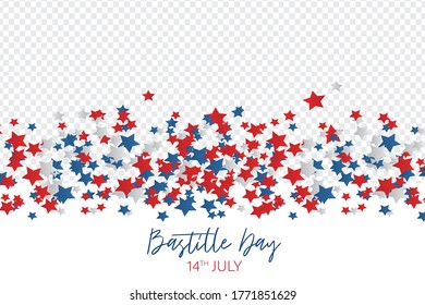 Bastille Day. July 14th France national holiday celebration banner or flyer overlay decor. Blue, white, and red stars. Vector illustration with lettering.
